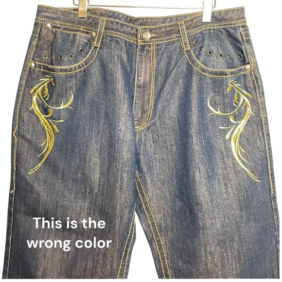 Vtg Y2K Delf Trading Imperious Mens Embroidered Blue Denim Skulls  W38 L32 - Picture 3 of 16